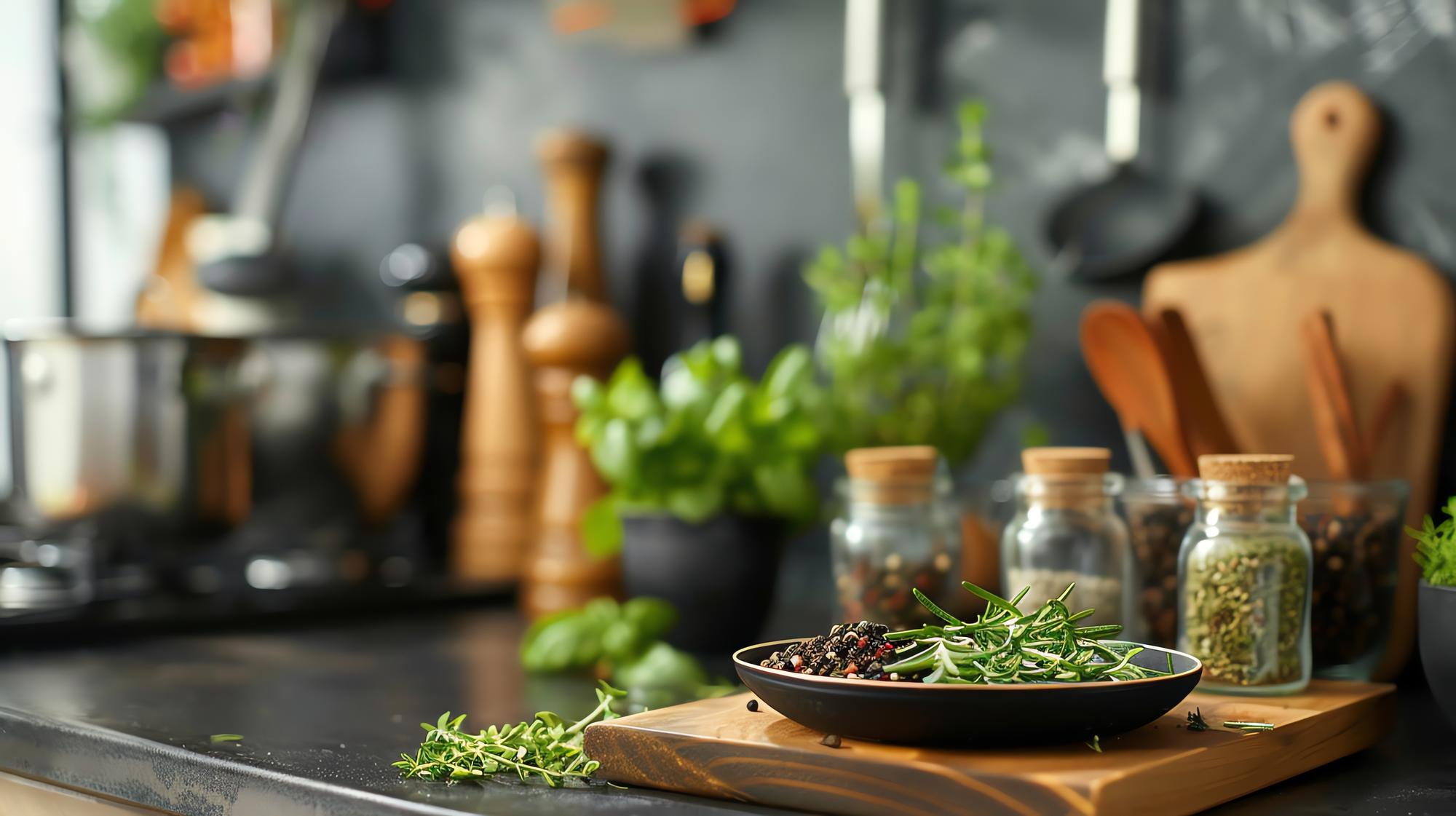 Studio counter with utensils and herbs